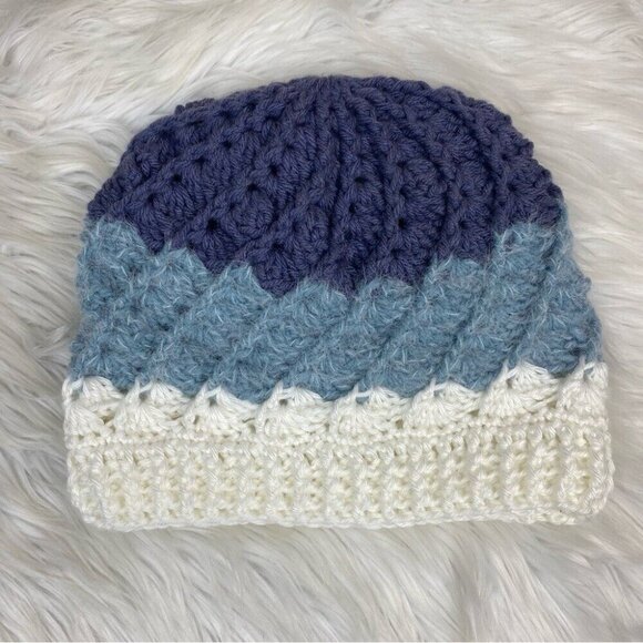 Handmade Women's NEW Braided Virgin Wool Knit Beanie - White Light Blue and Blue - Picture 7 of 12